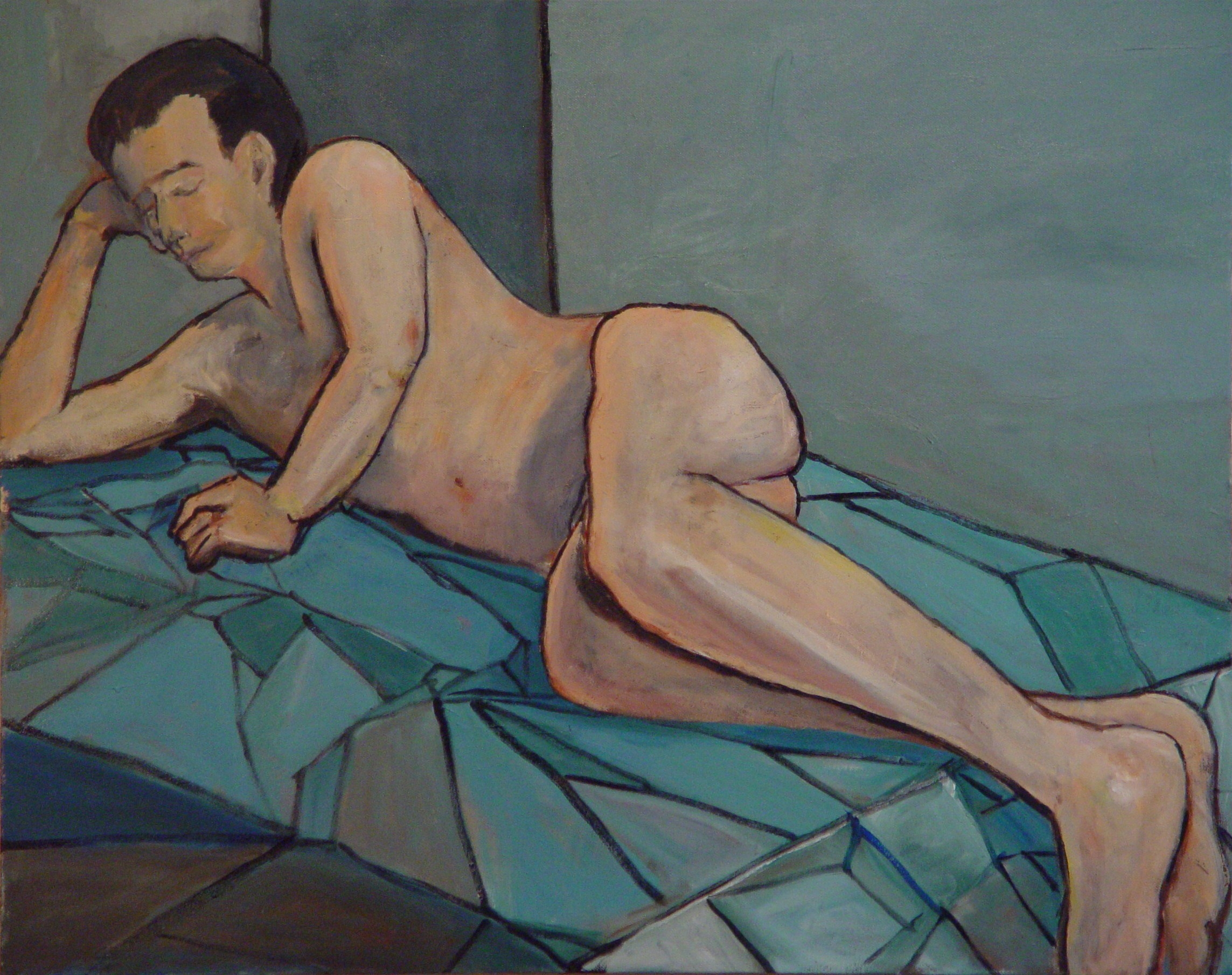 Nude Male Reclining on Blue Coverlet