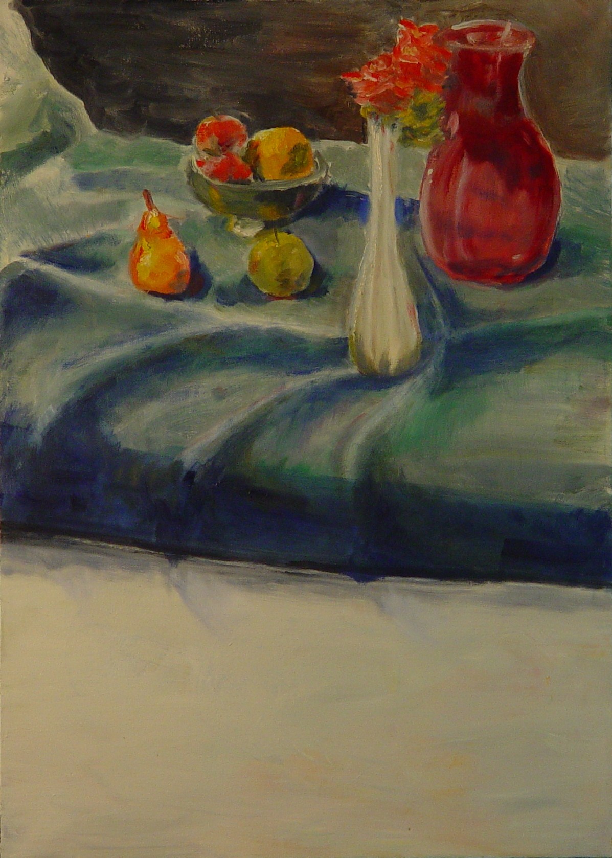 Fruit and Vases on Blue Cloth