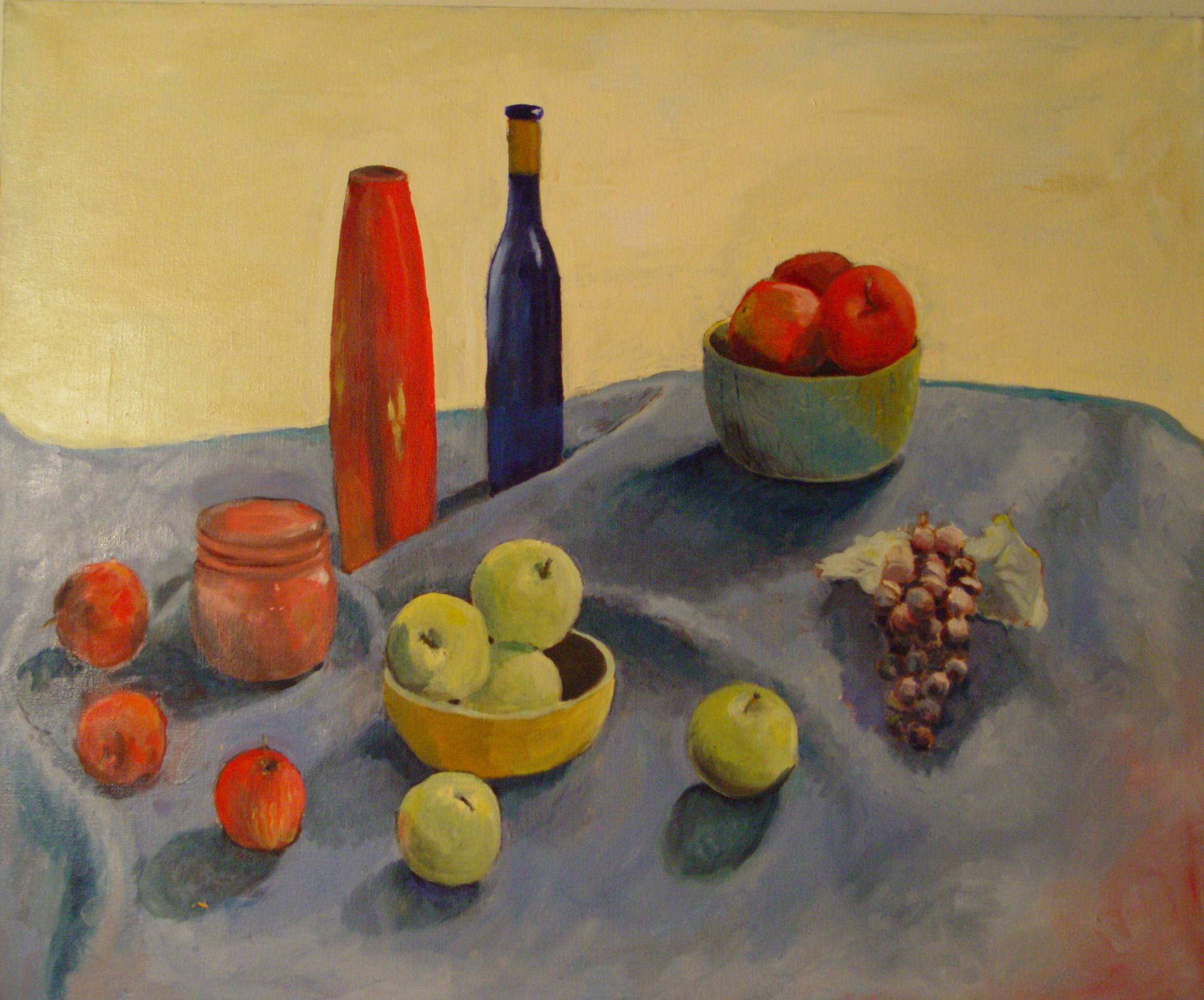 Apples, Grapes and Vases on Blue Cloth